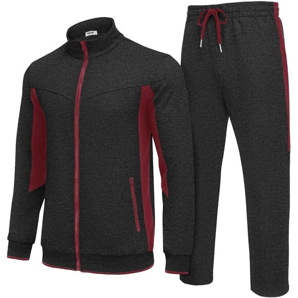Men's Tracksuits 2 Piece Athletic Track Suit Jogging Running Sweatsuit Grey Red - Picture 2 of 6
